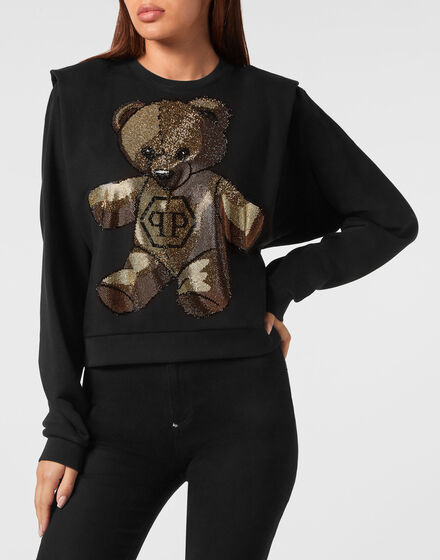Cropped Padded Shoulder Sweatshirt with Crystals Teddy Bear