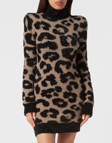 Padded Shoulder Lurex Turtleneck Dress